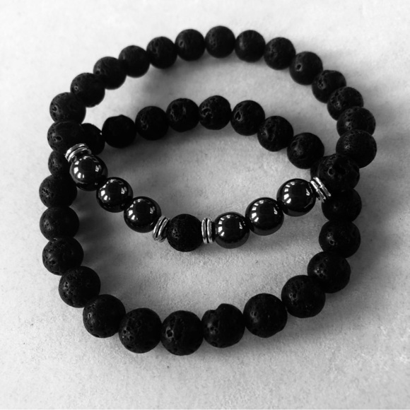 Unisex Two “Kratos “ Black Lava and Hematite Healing Stretch Bracelets - Picture 3 of 9